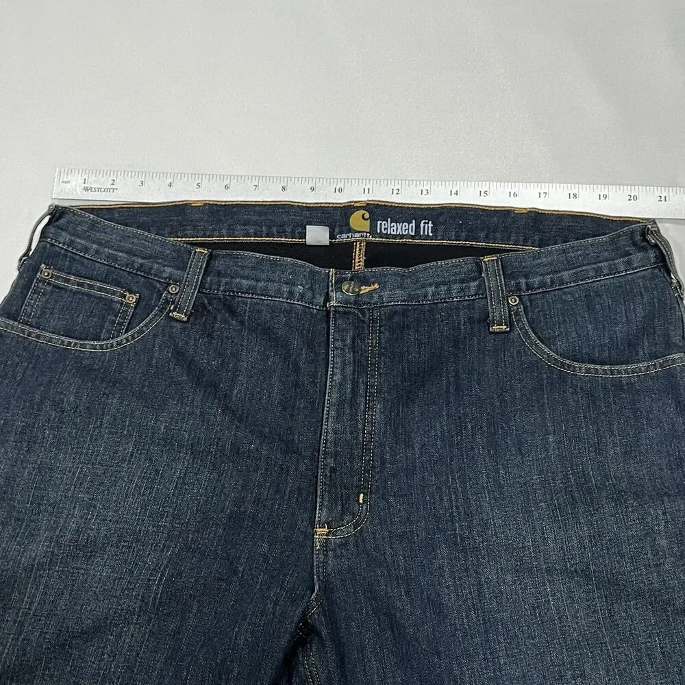Carhartt Men Straight Relaxed Fleece Lined Denim Dark Blue Wash Jeans Size 42X30